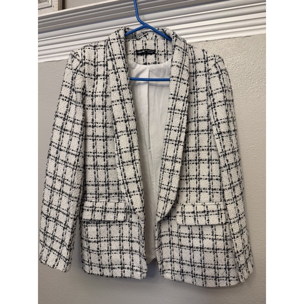 SHEIN Women's Ivory Black Blazer Jacket Geometric Polyester Lined Large